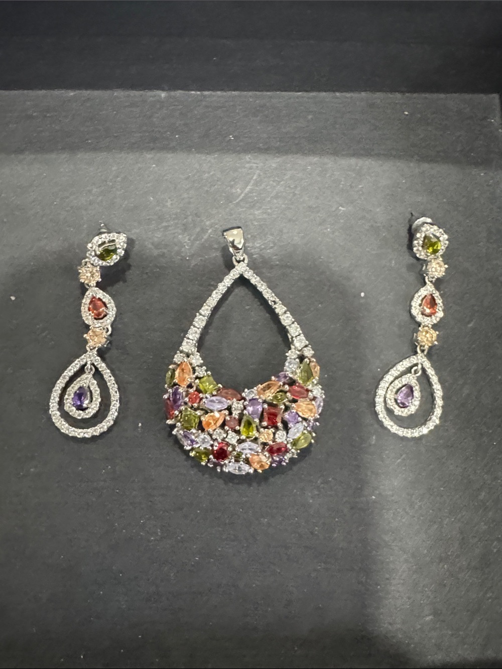 Multicolor Gemstone Teardrop Pendant and Earrings Set 925